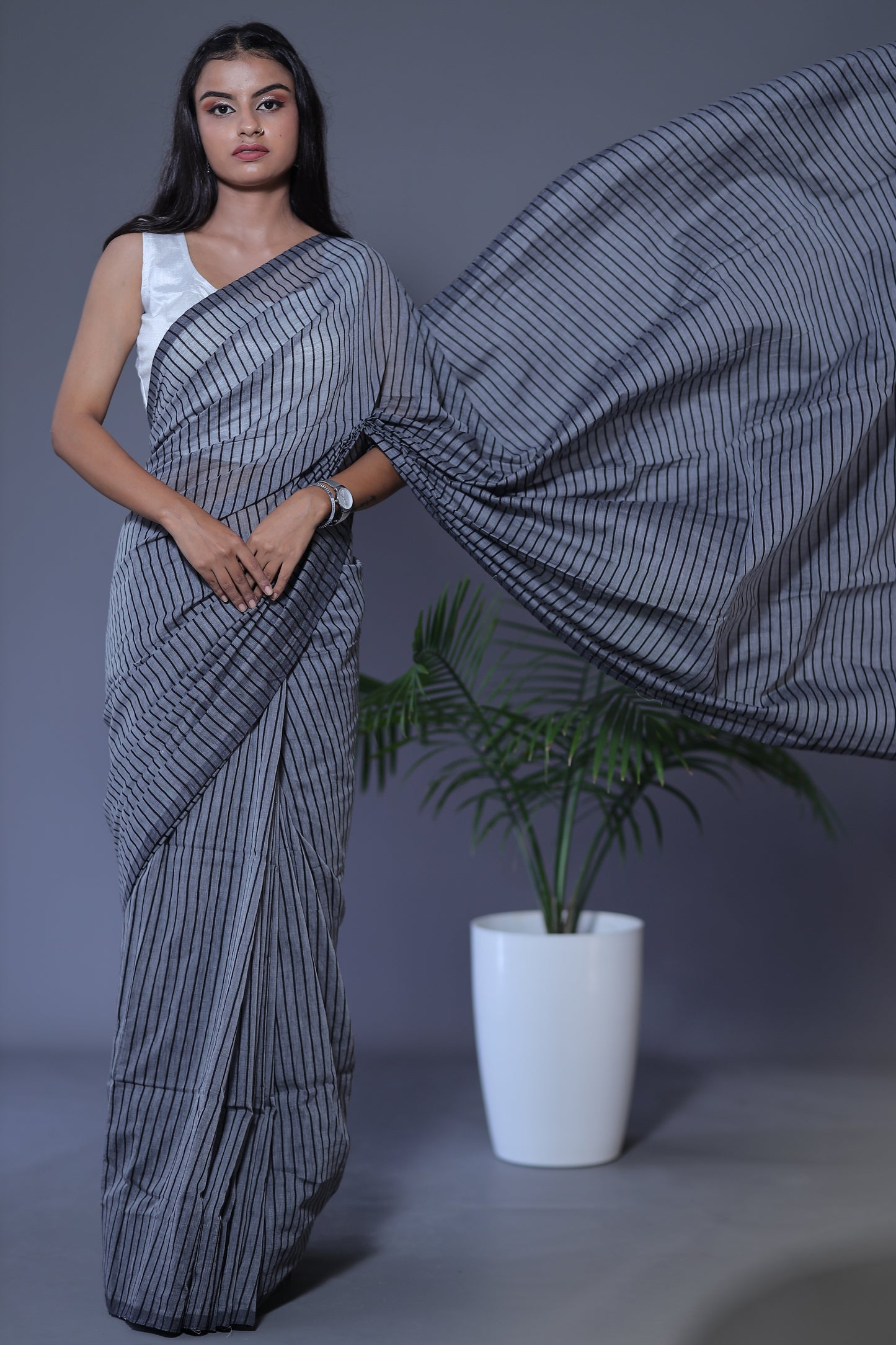 Striped Saree - GRAY