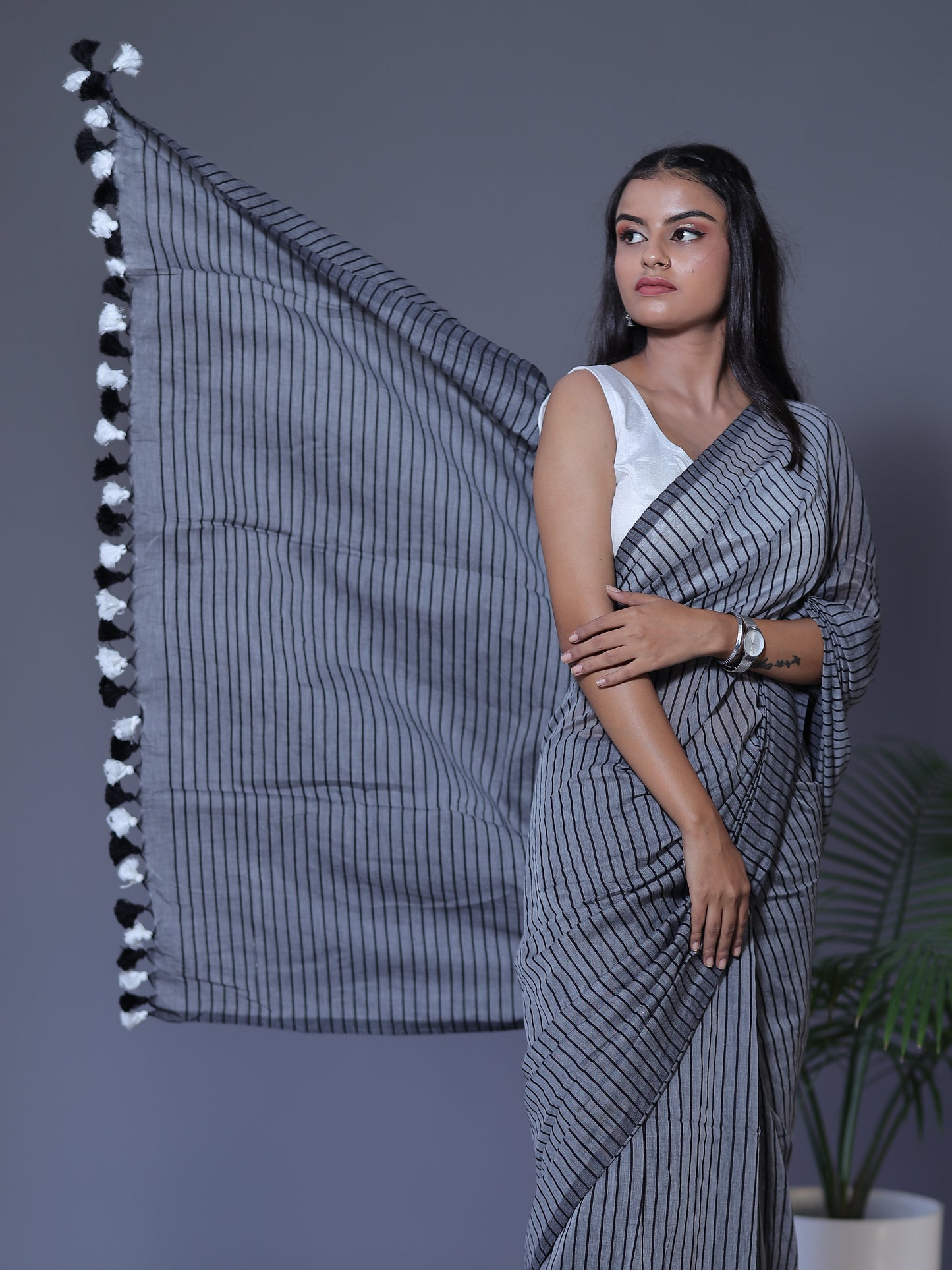Striped Saree - GRAY