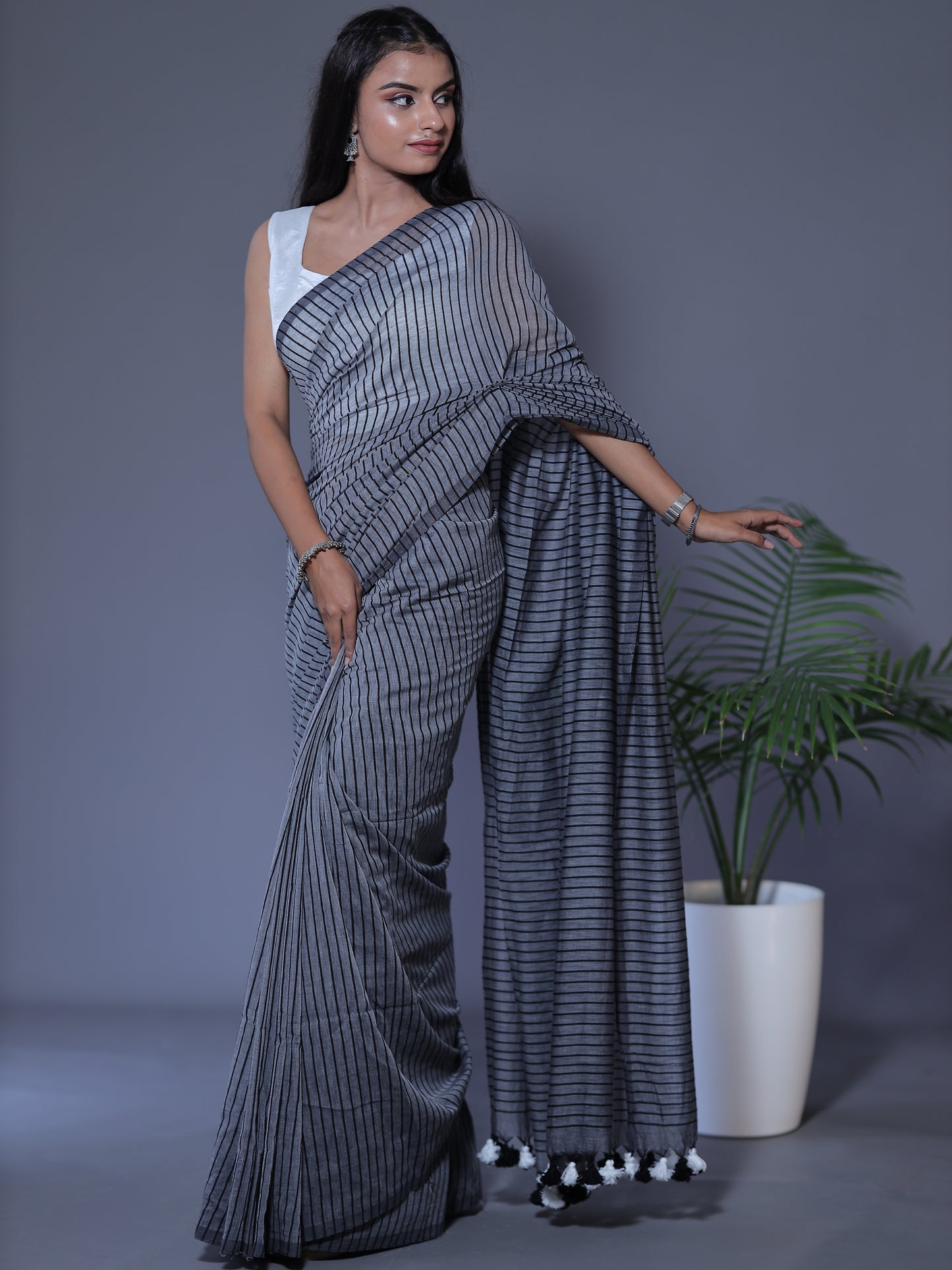 Striped Saree - GRAY