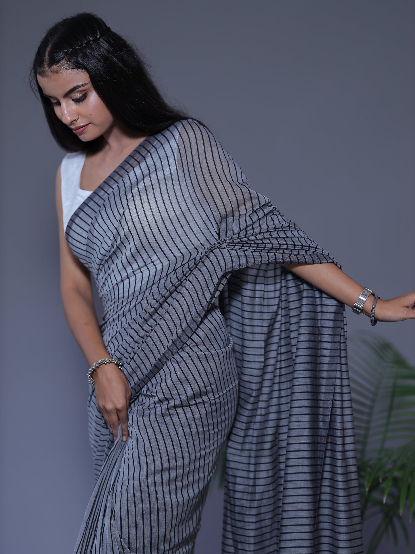 Striped Saree - GRAY