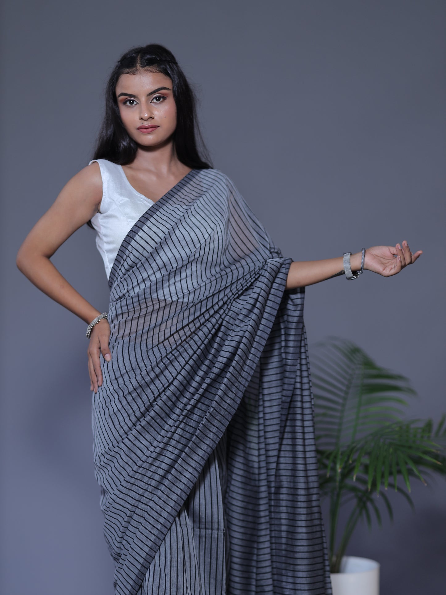 Striped Saree - GRAY