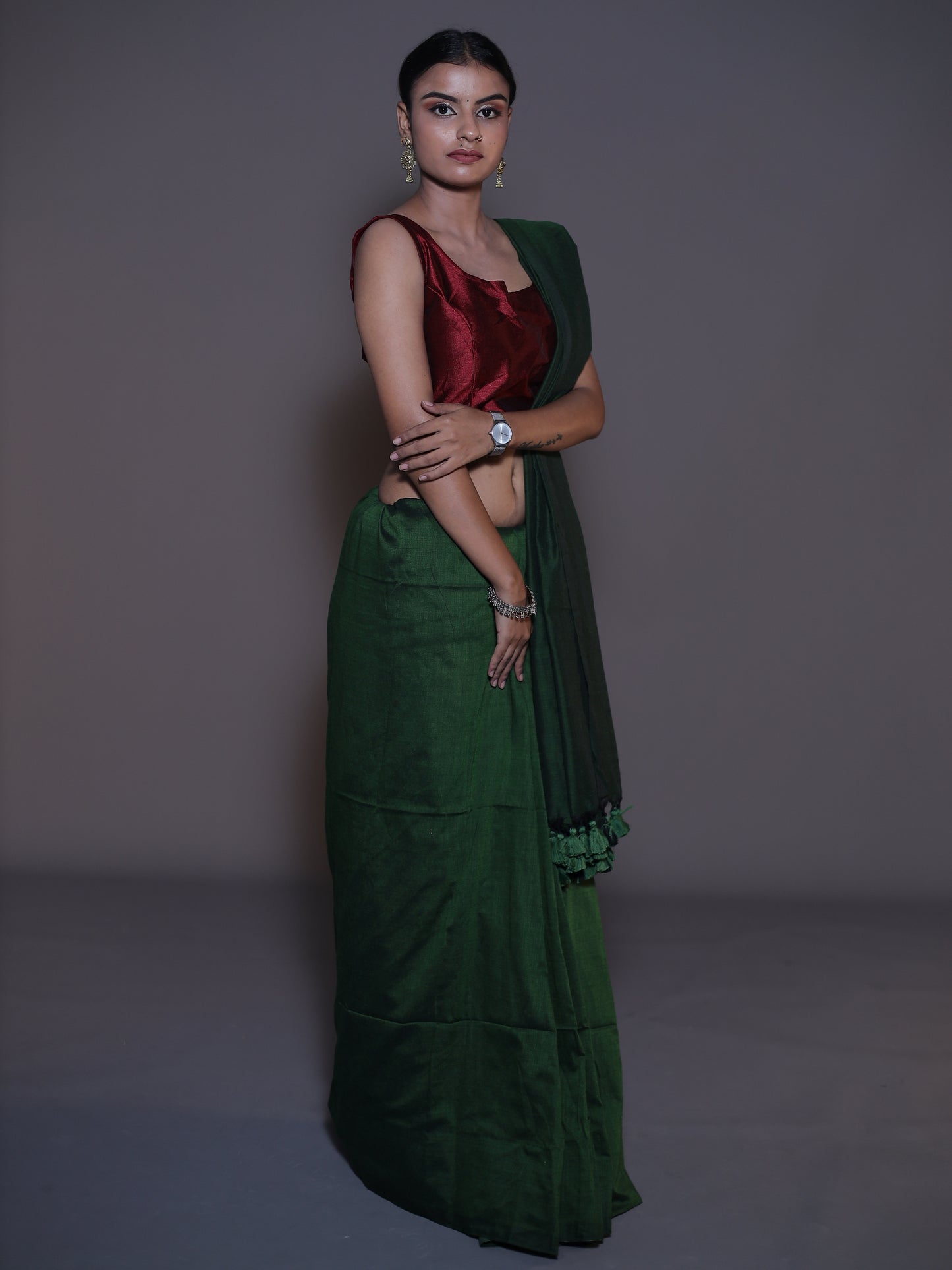 Solid colour Saree - DARK GREEN