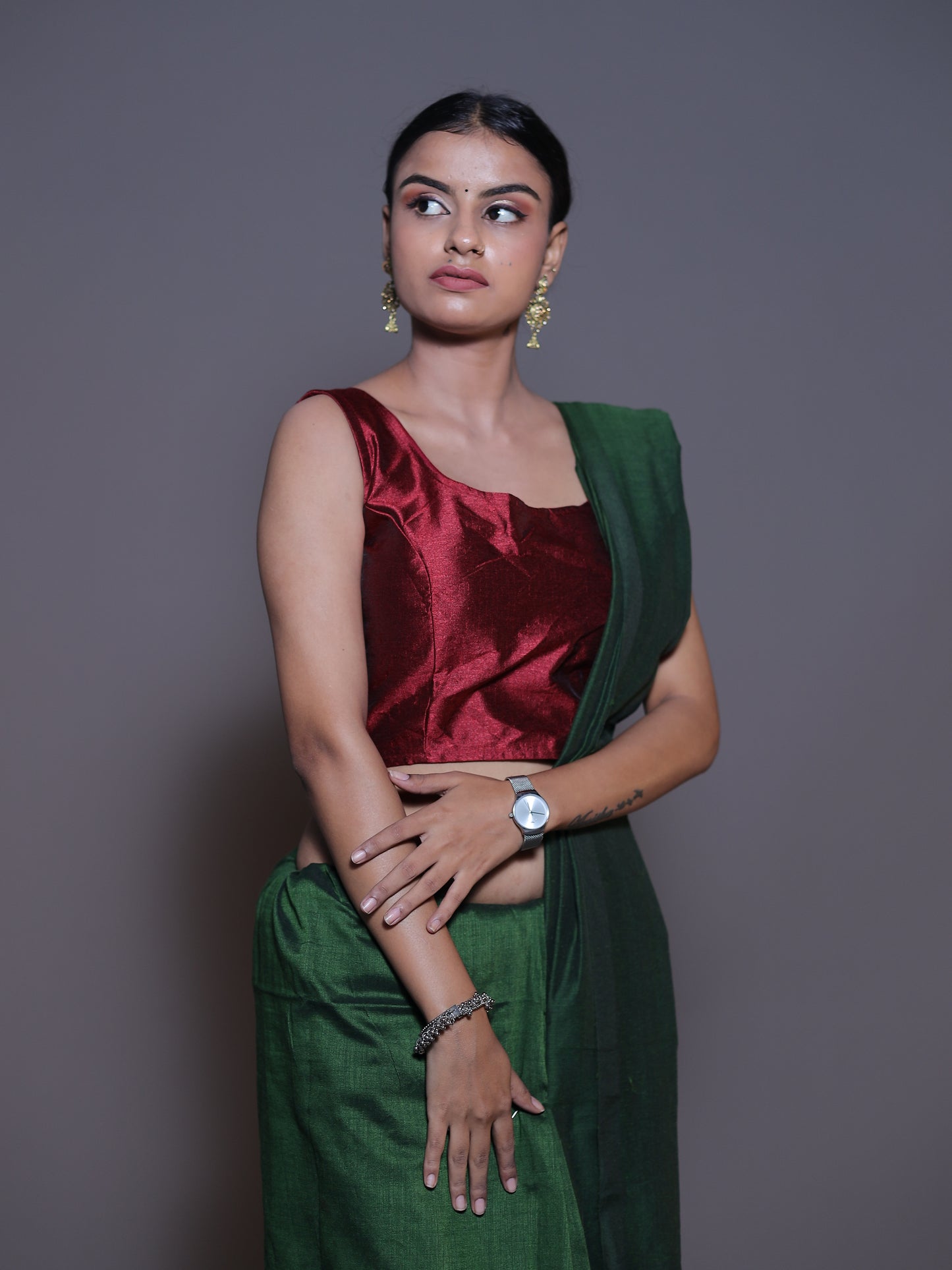Solid colour Saree - DARK GREEN