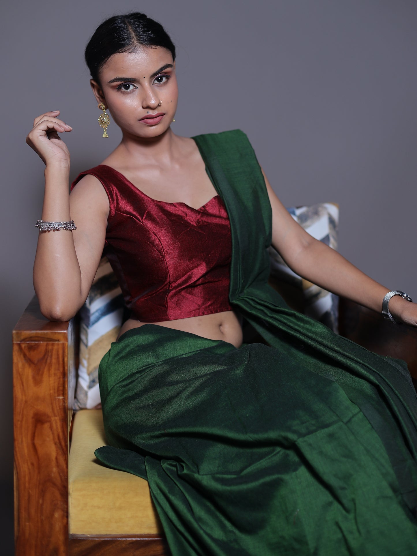 Solid colour Saree - DARK GREEN