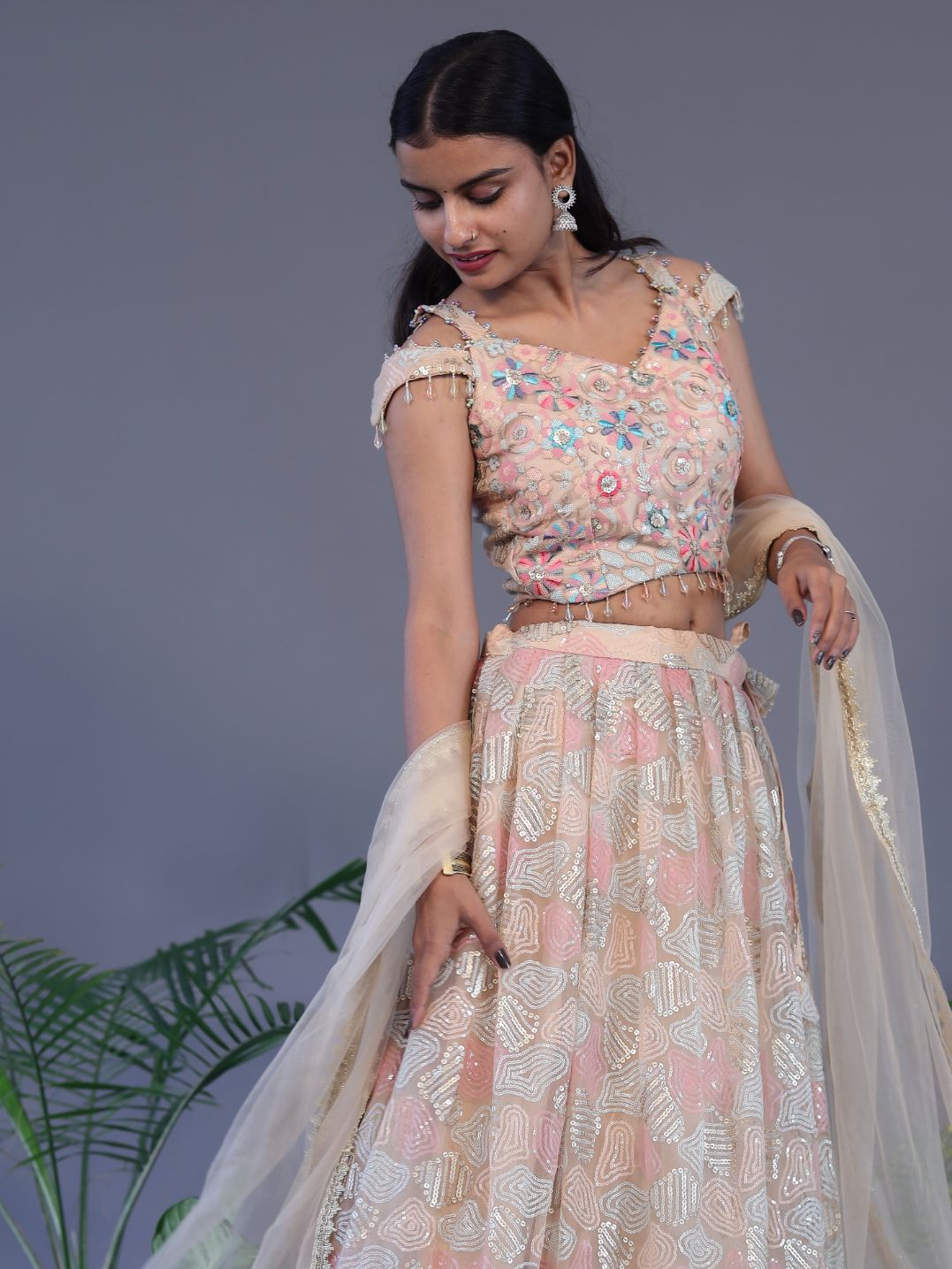 Sequin Work Lehnga Choli - Peach