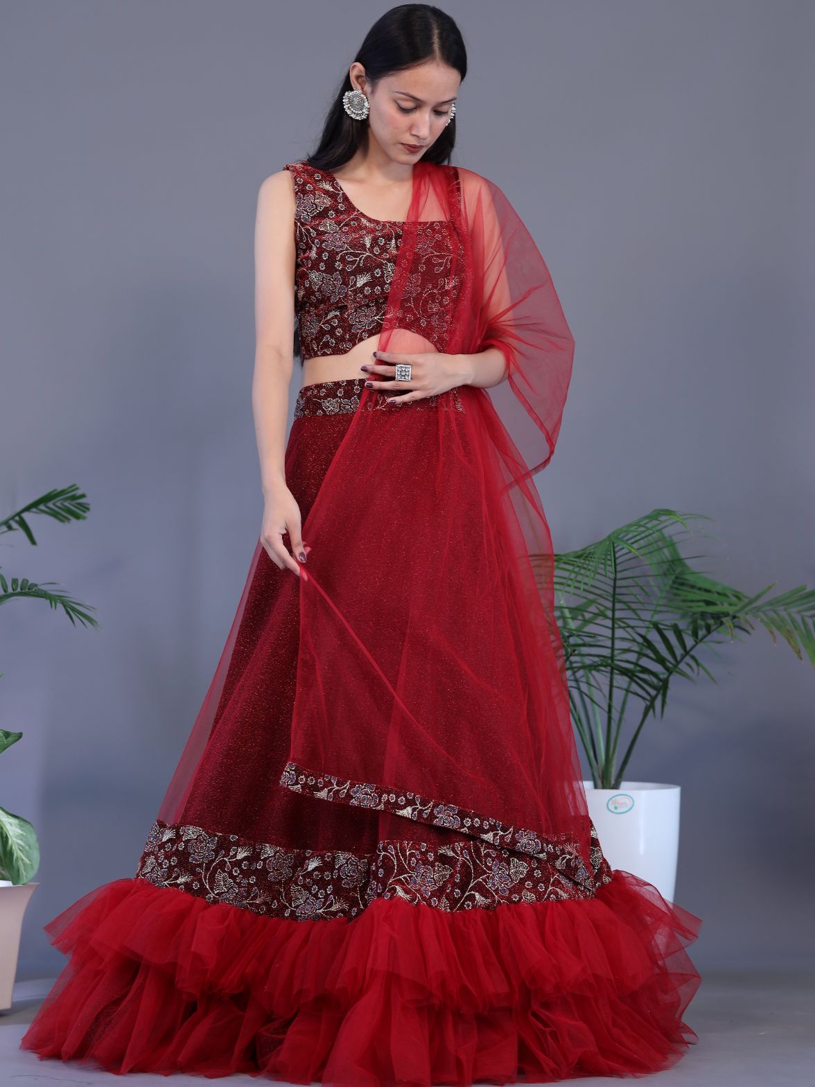 Beautiful Net Lehnga - Red