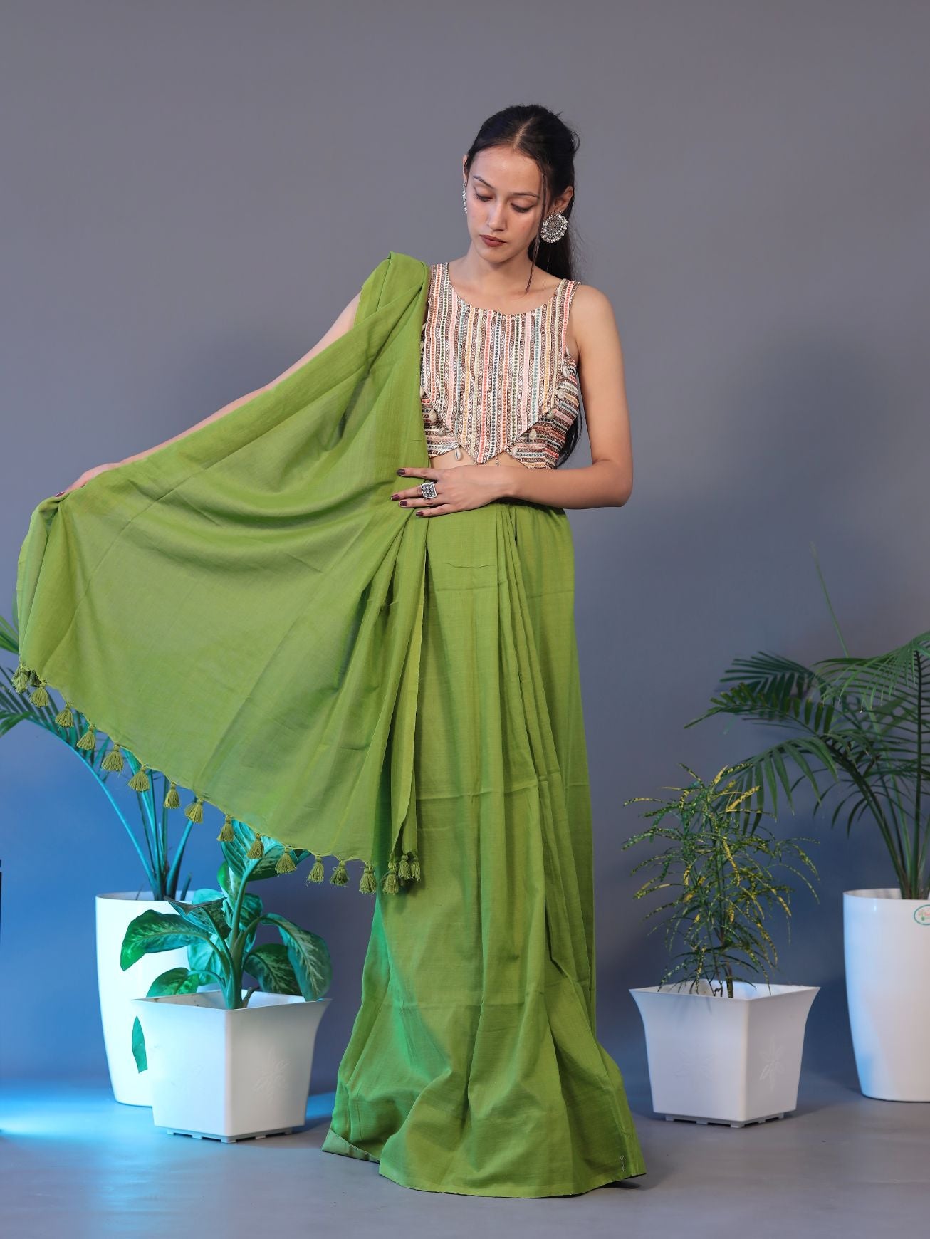 Solid Colour Saree - PARROT GREEN