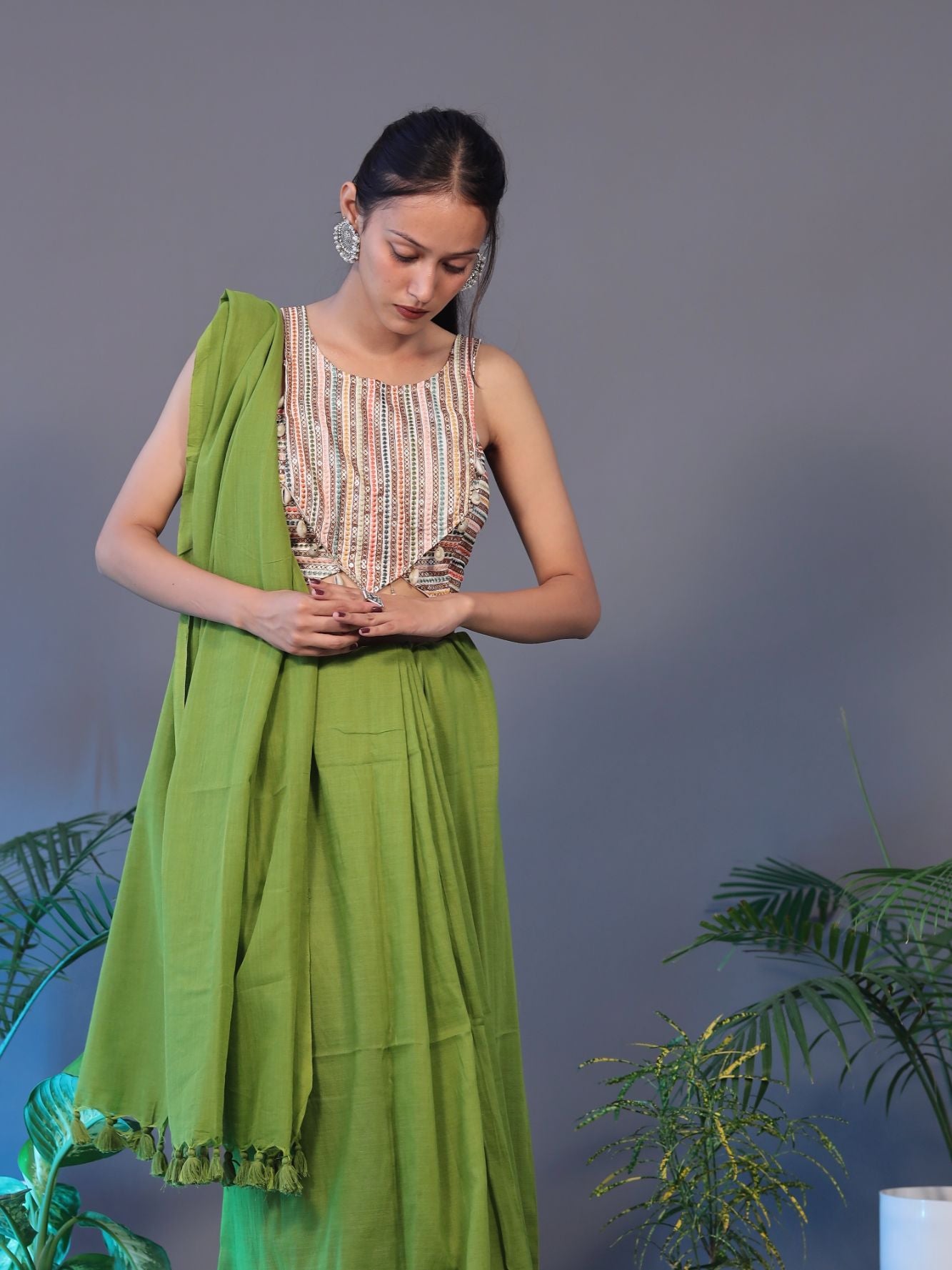 Solid Colour Saree - PARROT GREEN