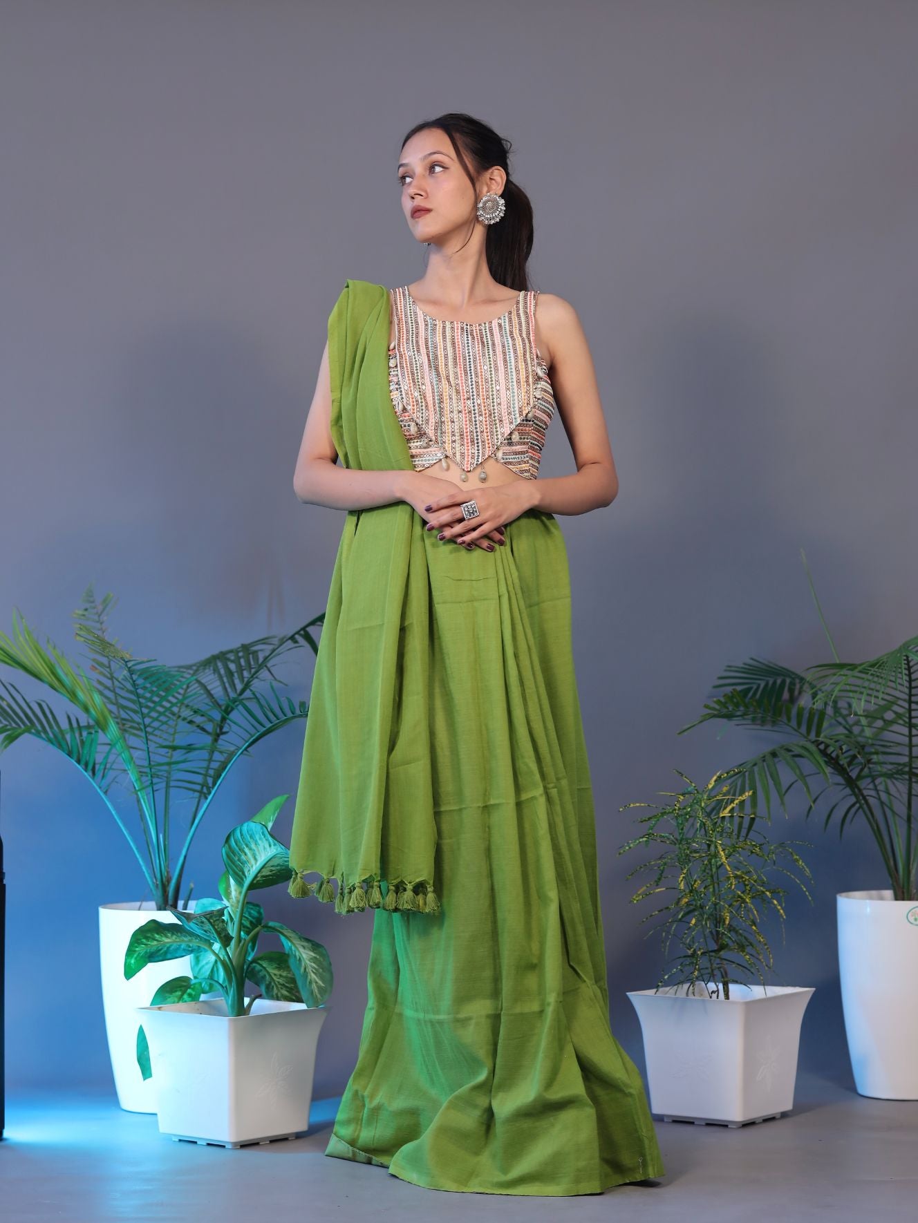 Solid Colour Saree - PARROT GREEN