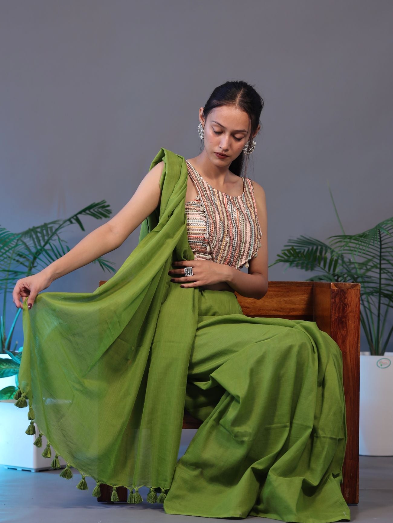 Solid Colour Saree - PARROT GREEN
