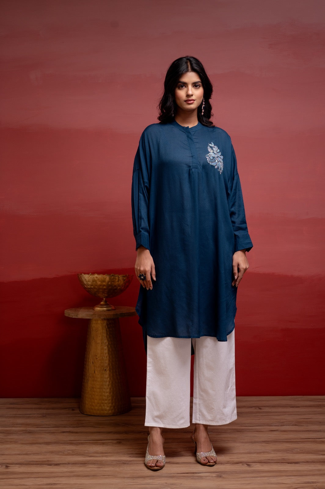 Viscose Blue Embellished Shirt with Sequin & Bead Details