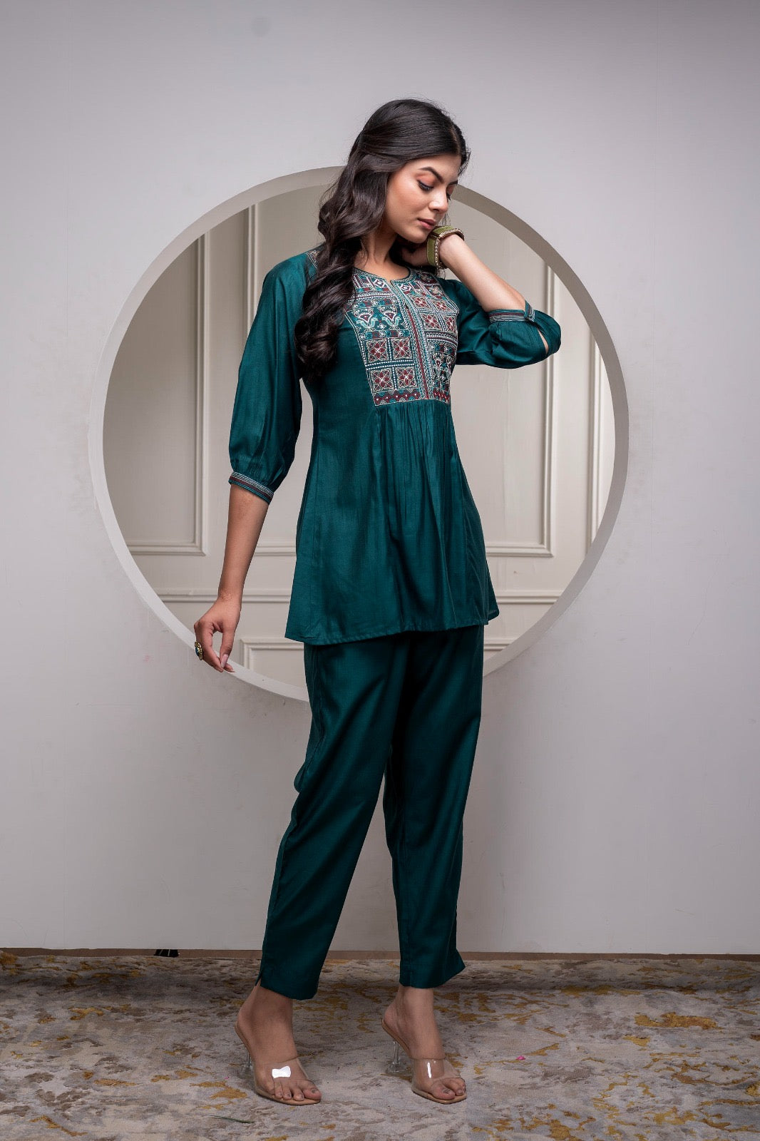 Bottlegreen Solid Viscose Gathered Tunic and Pants Co-ord Set with Thread Work