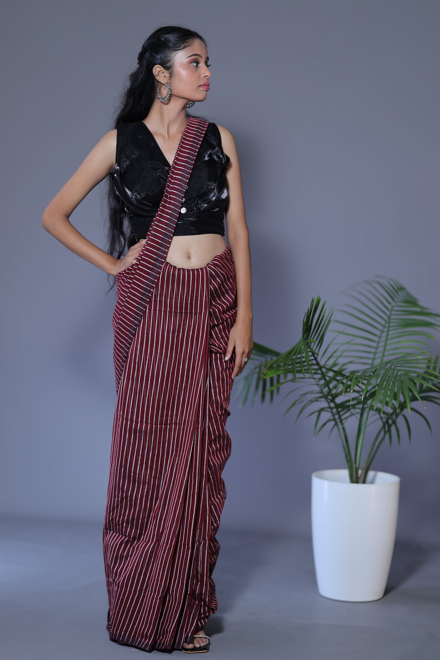 Striped Saree - BURGUNDY WINE