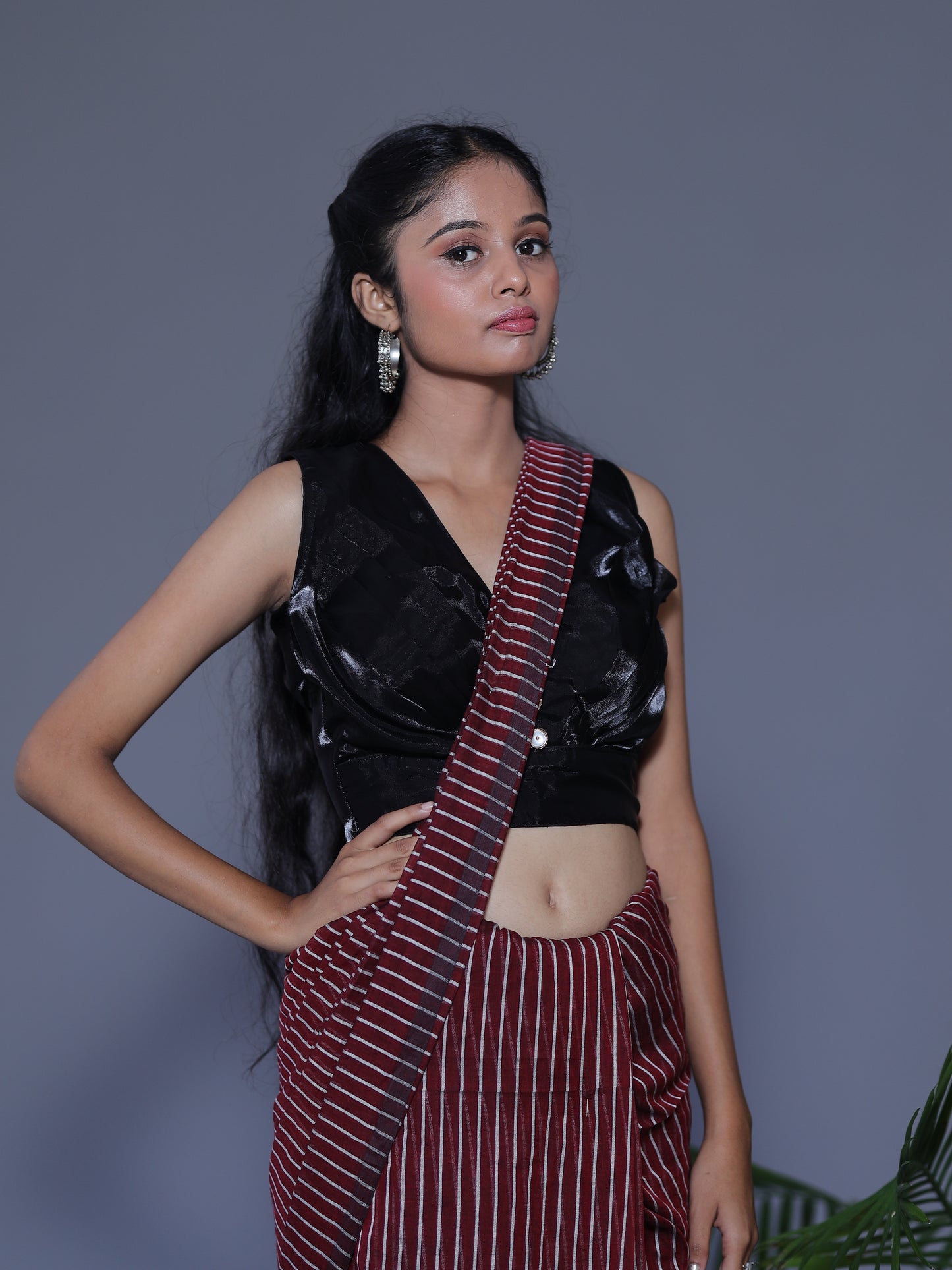 Striped Saree - BURGUNDY WINE
