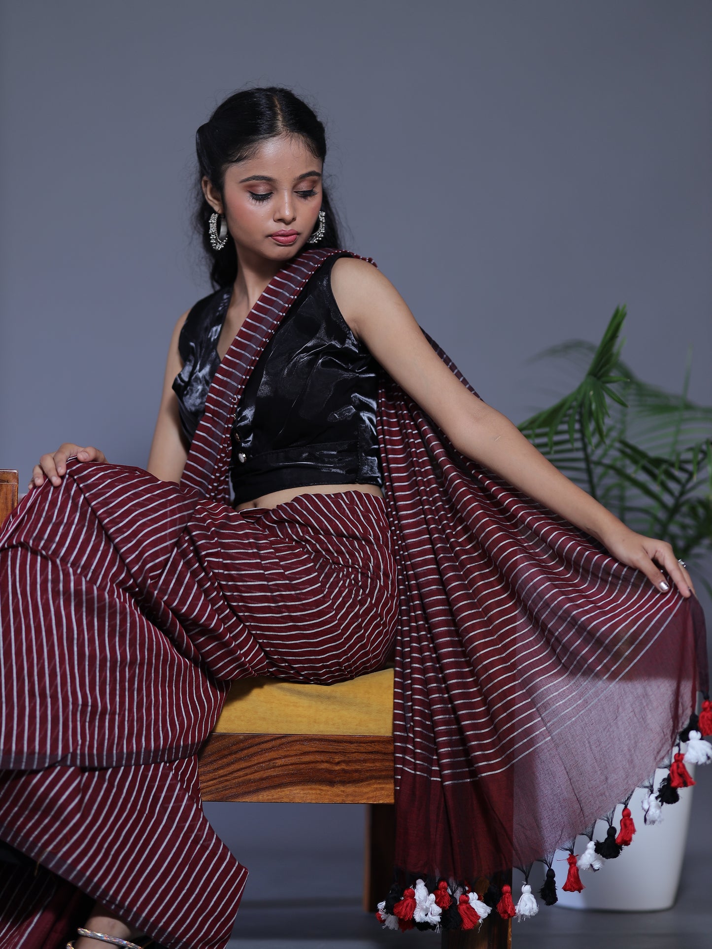Striped Saree - BURGUNDY WINE