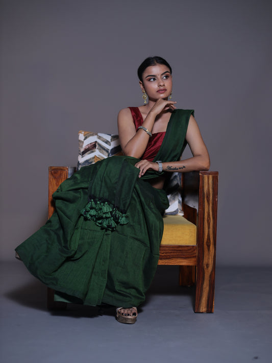 Solid colour Saree - DARK GREEN