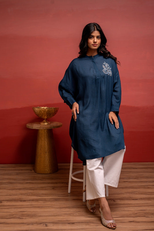 Viscose Blue Embellished Shirt with Sequin & Bead Details