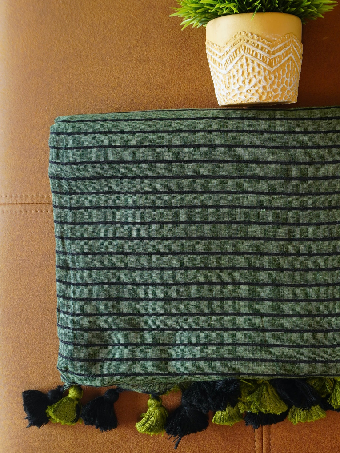 Striped Saree - GREEN with BLACK strips