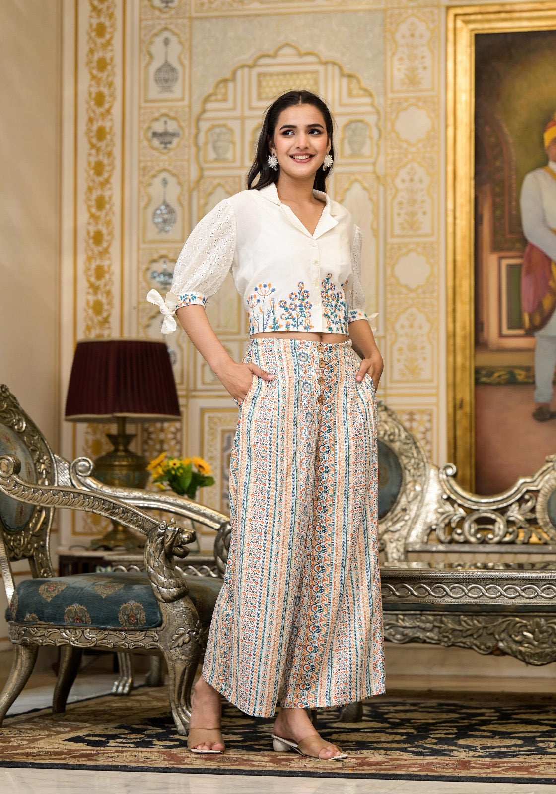 Ethnic Motif Printed Viscose Top & Palazzo With Thread Work